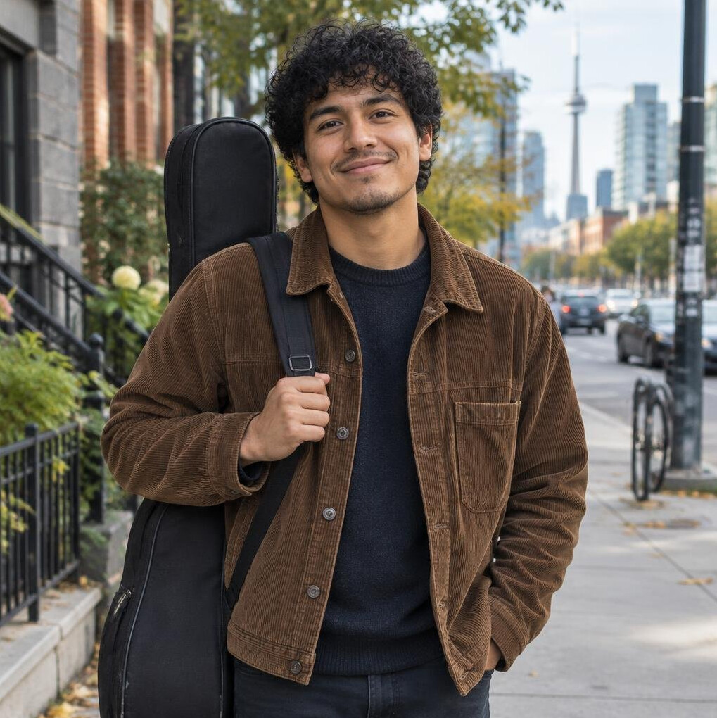 Portrait of a Latin American-Canadian young man musician on a city sidewalk