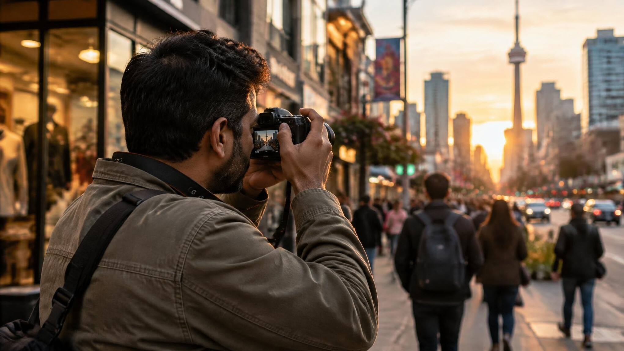 South Asian-Canadian street photographer holding a camera on a busy downtown Toronto street at golden hour