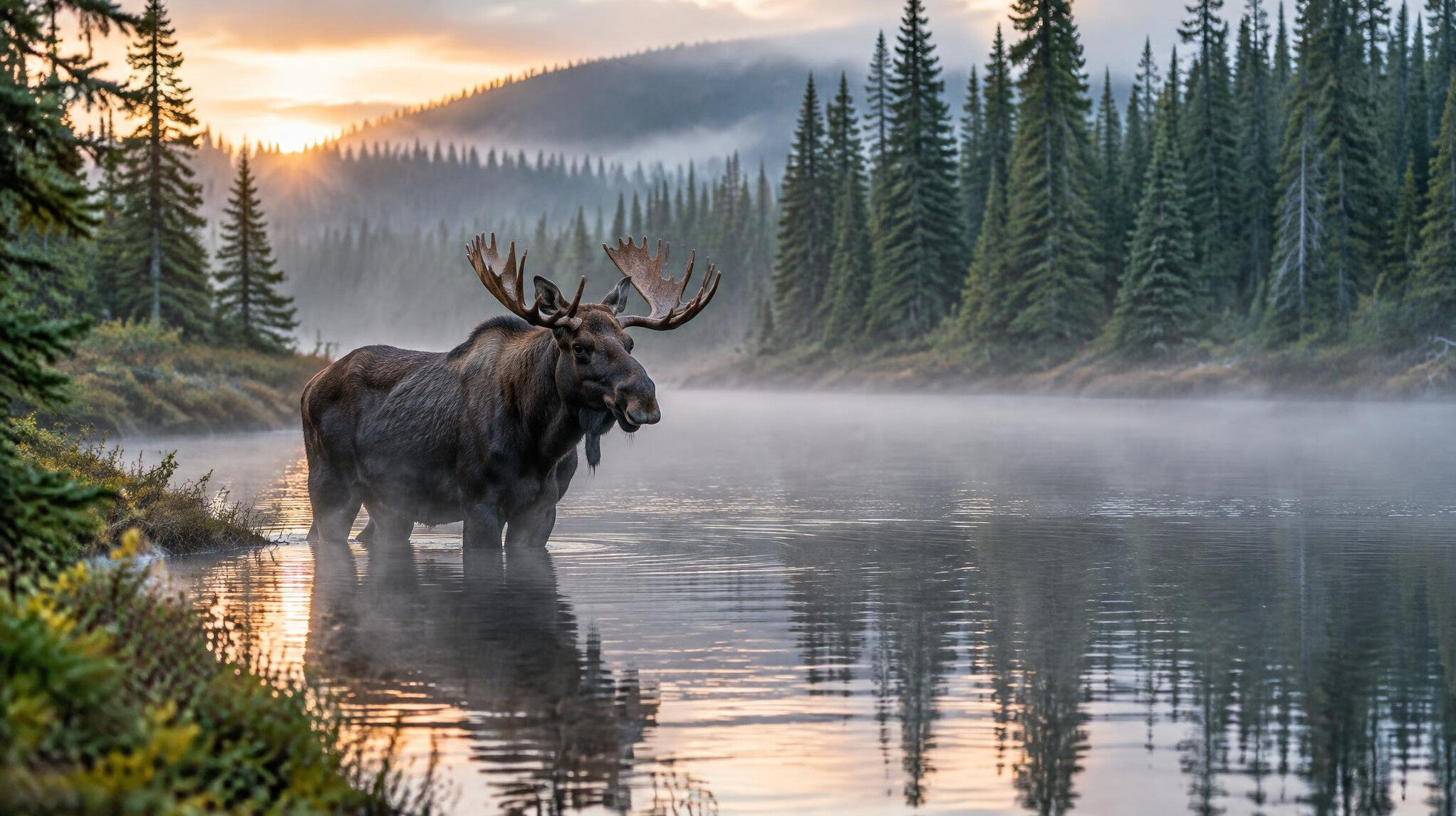 Moose standing in a misty boreal forest lake in Canada