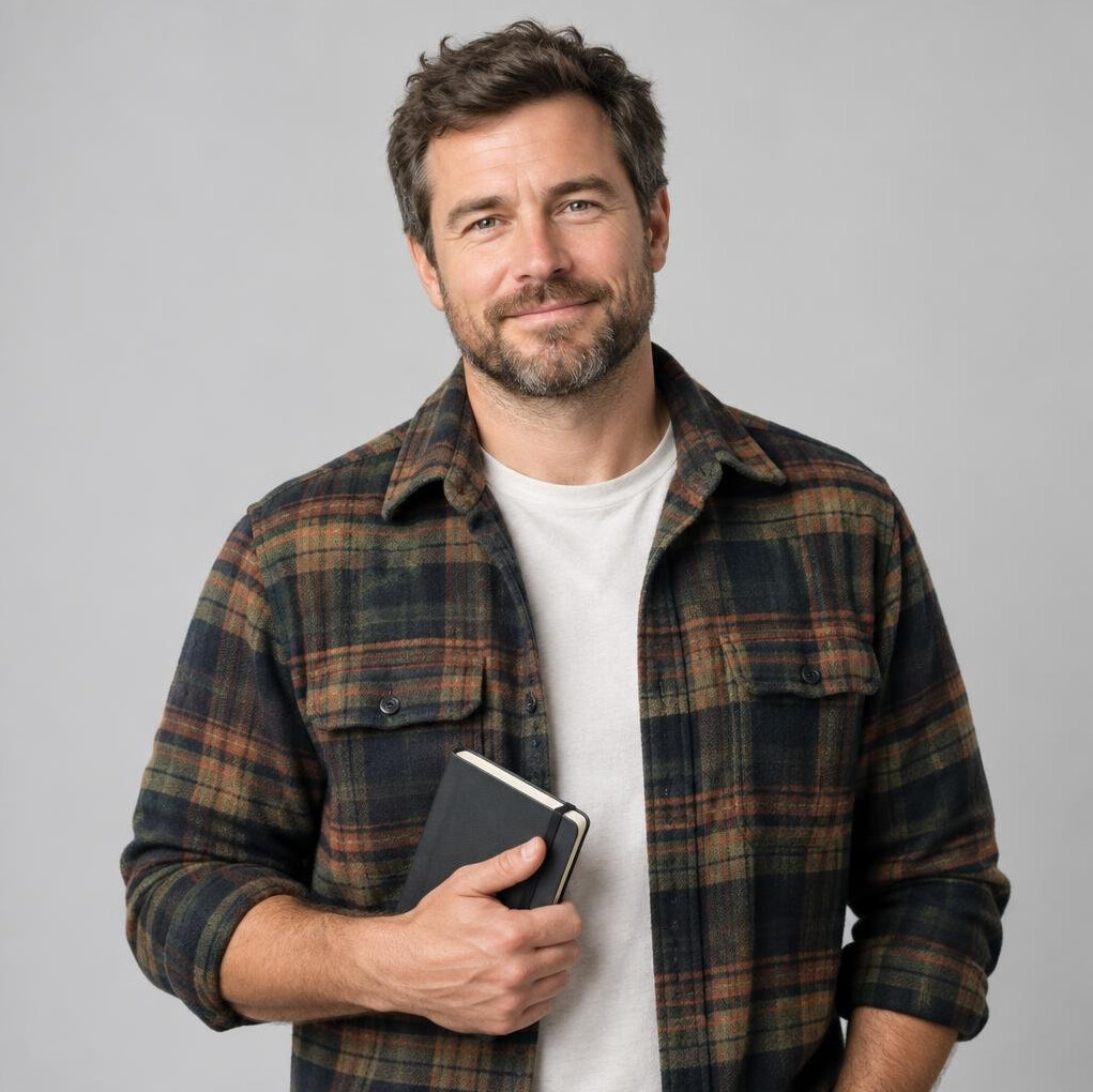 Studio portrait of a white Canadian male travel photographer with a flannel jacket